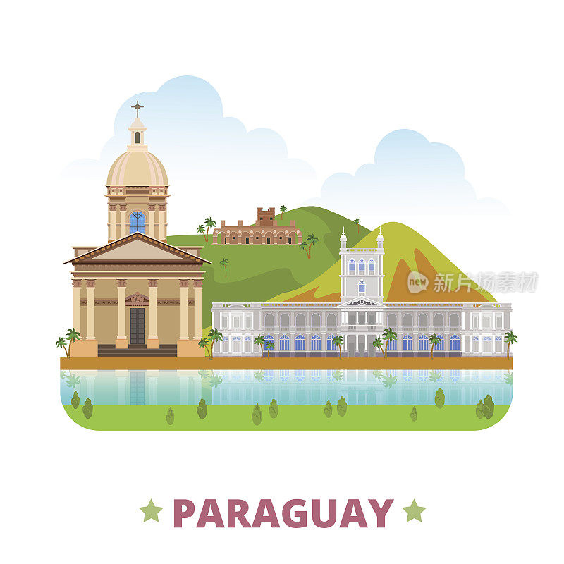 巴拉圭国家平面卡通风格的历史景观网络矢量插图。世界度假南美旅行收藏。国家万神殿英雄拉Santisima特立尼达De Parana Palacio De Lopez